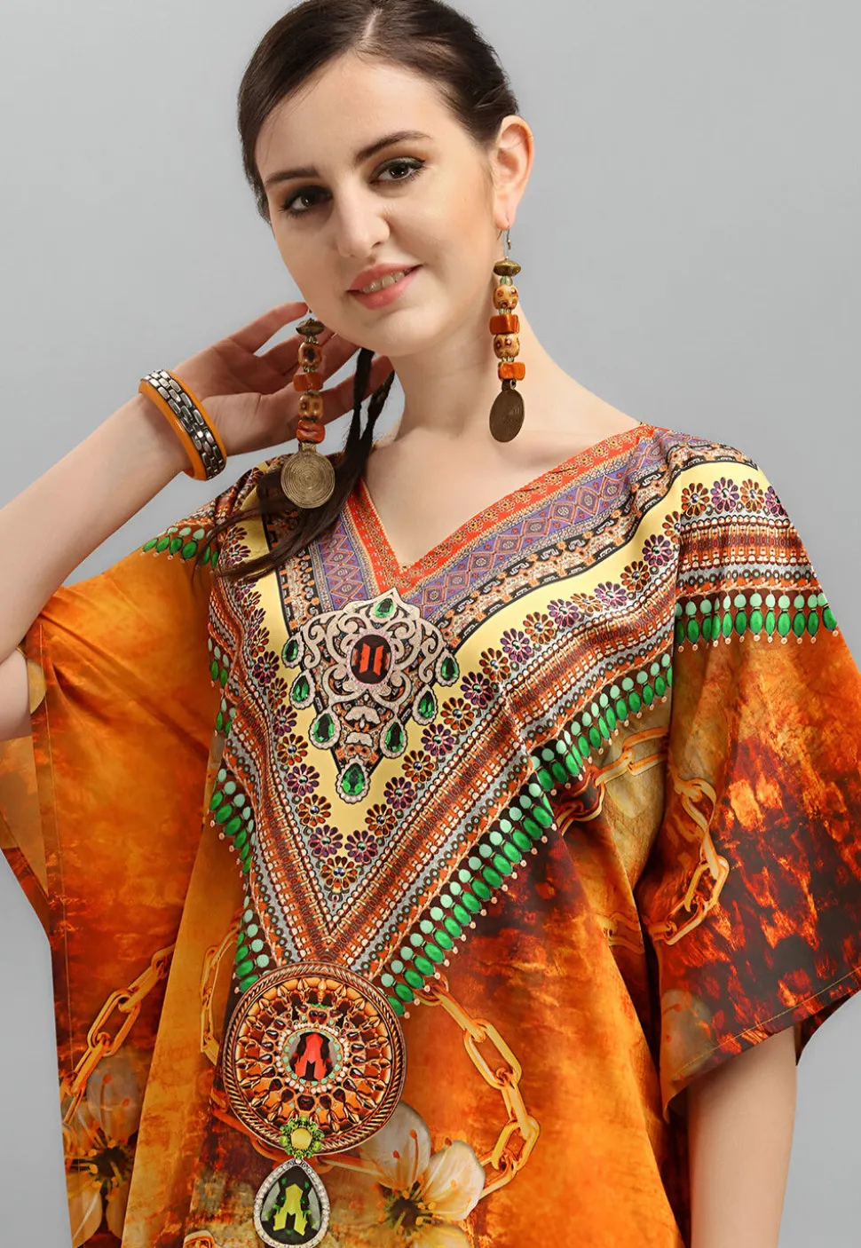 Digital Printed Polyester Kaftan in Orange