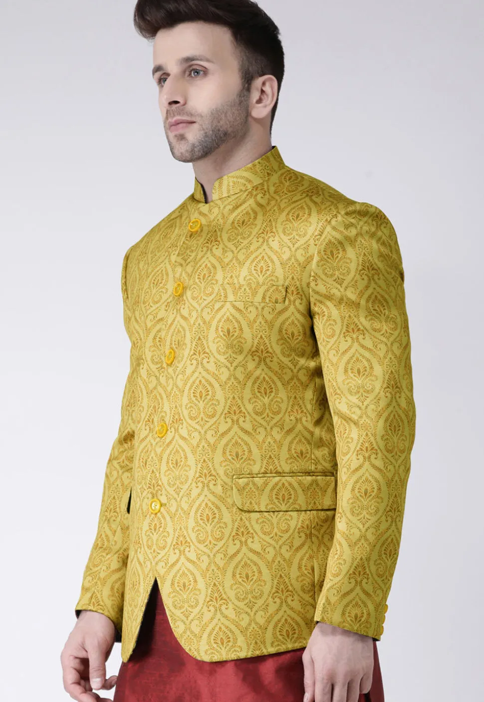 Digital Printed Polyester Jodhpuri Jacket in Beige
