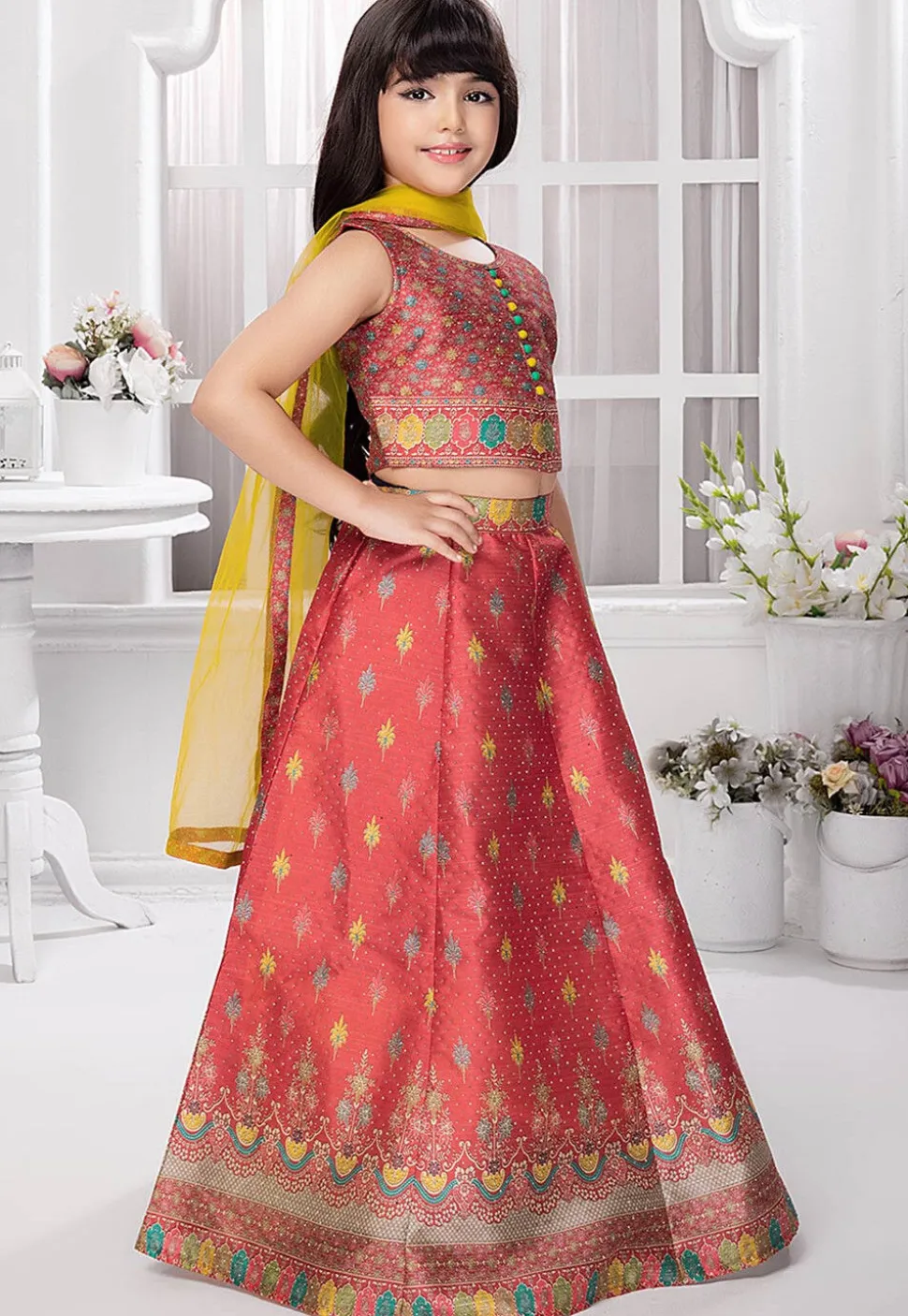 Digital Printed Polyester Lehenga in Rust