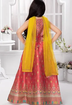 Digital Printed Polyester Lehenga in Rust