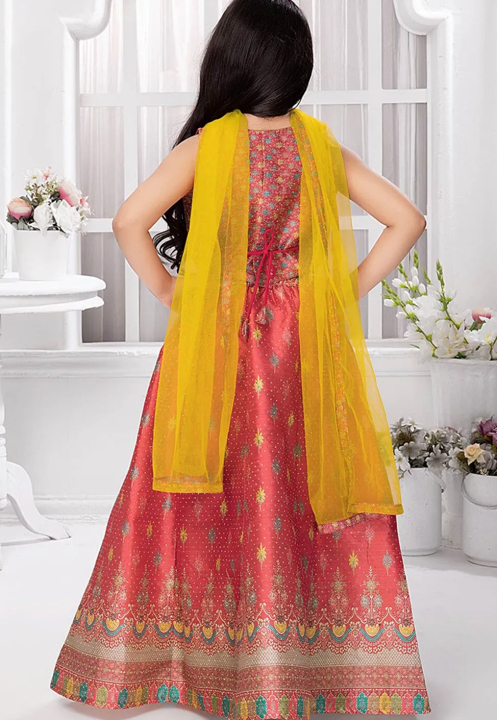 Digital Printed Polyester Lehenga in Rust