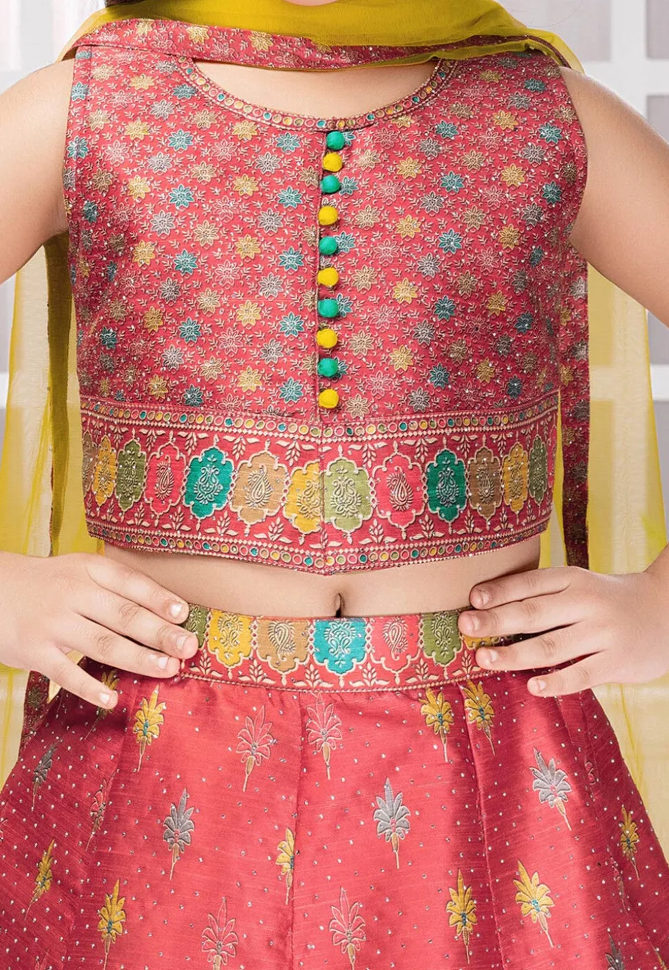 Digital Printed Polyester Lehenga in Rust