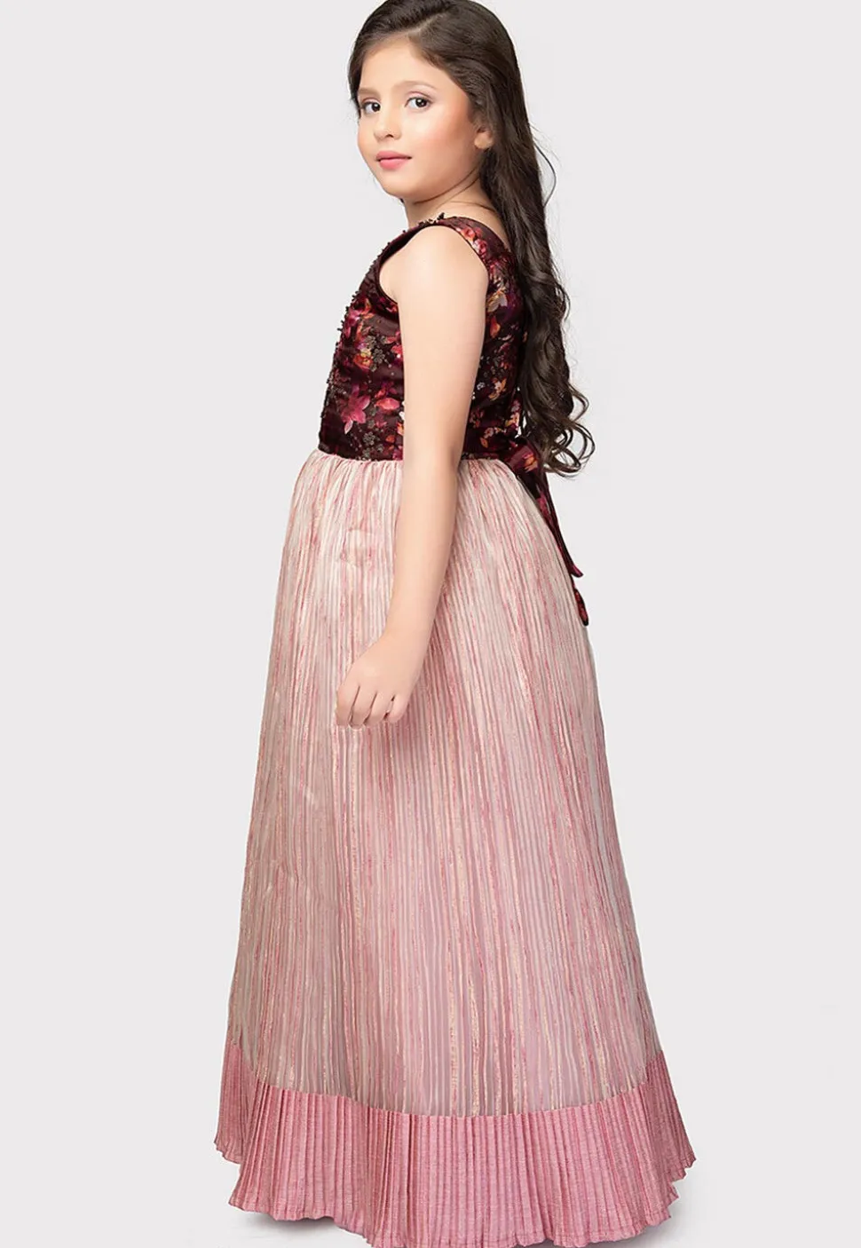 Digital Printed Polyester Gown in Maroon and Peach