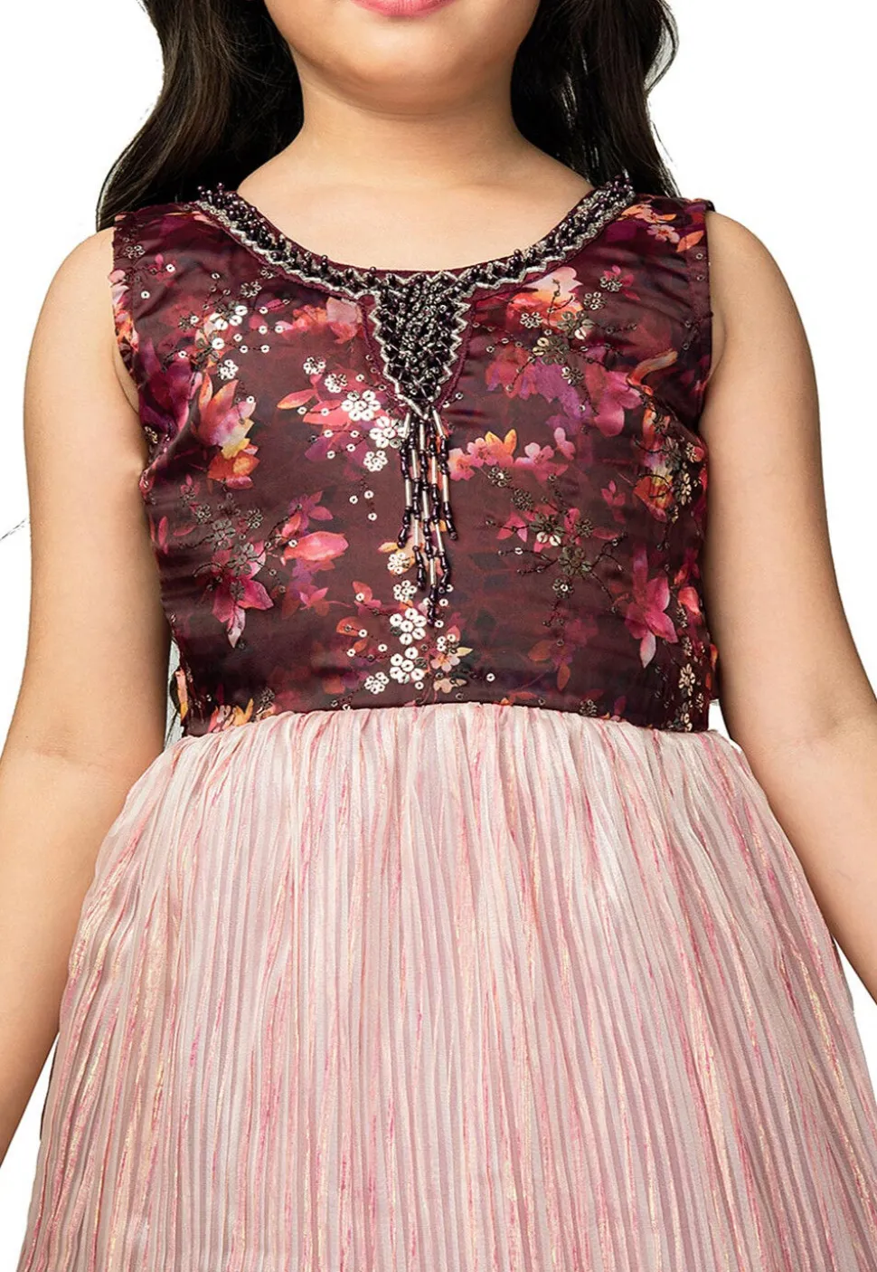 Digital Printed Polyester Gown in Maroon and Peach