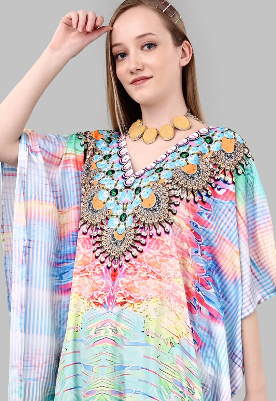 Digital Printed Polyester Kaftan in Multicolor