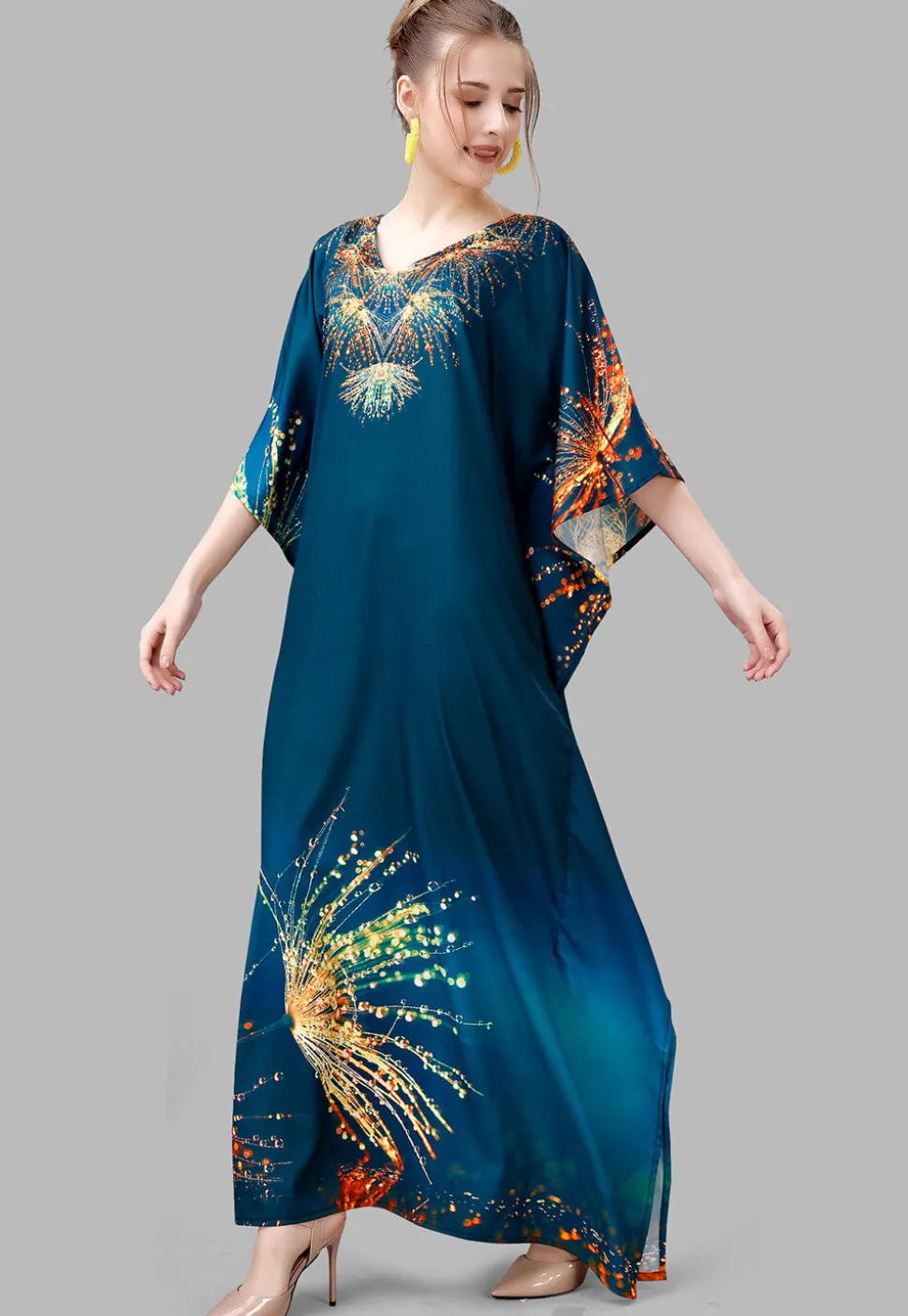 Digital Printed Polyester Kaftan in Teal Blue
