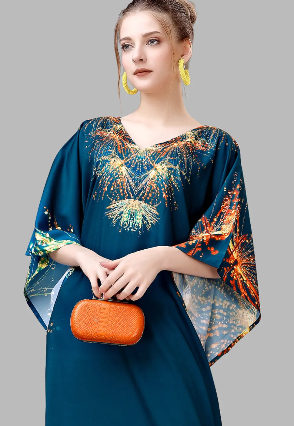 Digital Printed Polyester Kaftan in Teal Blue