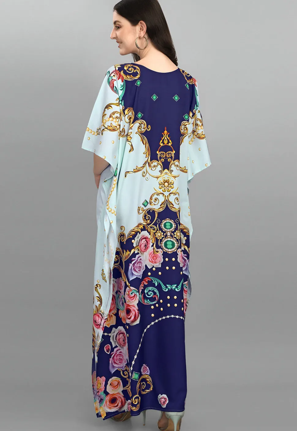 Digital Printed Polyester Kaftan in Blue