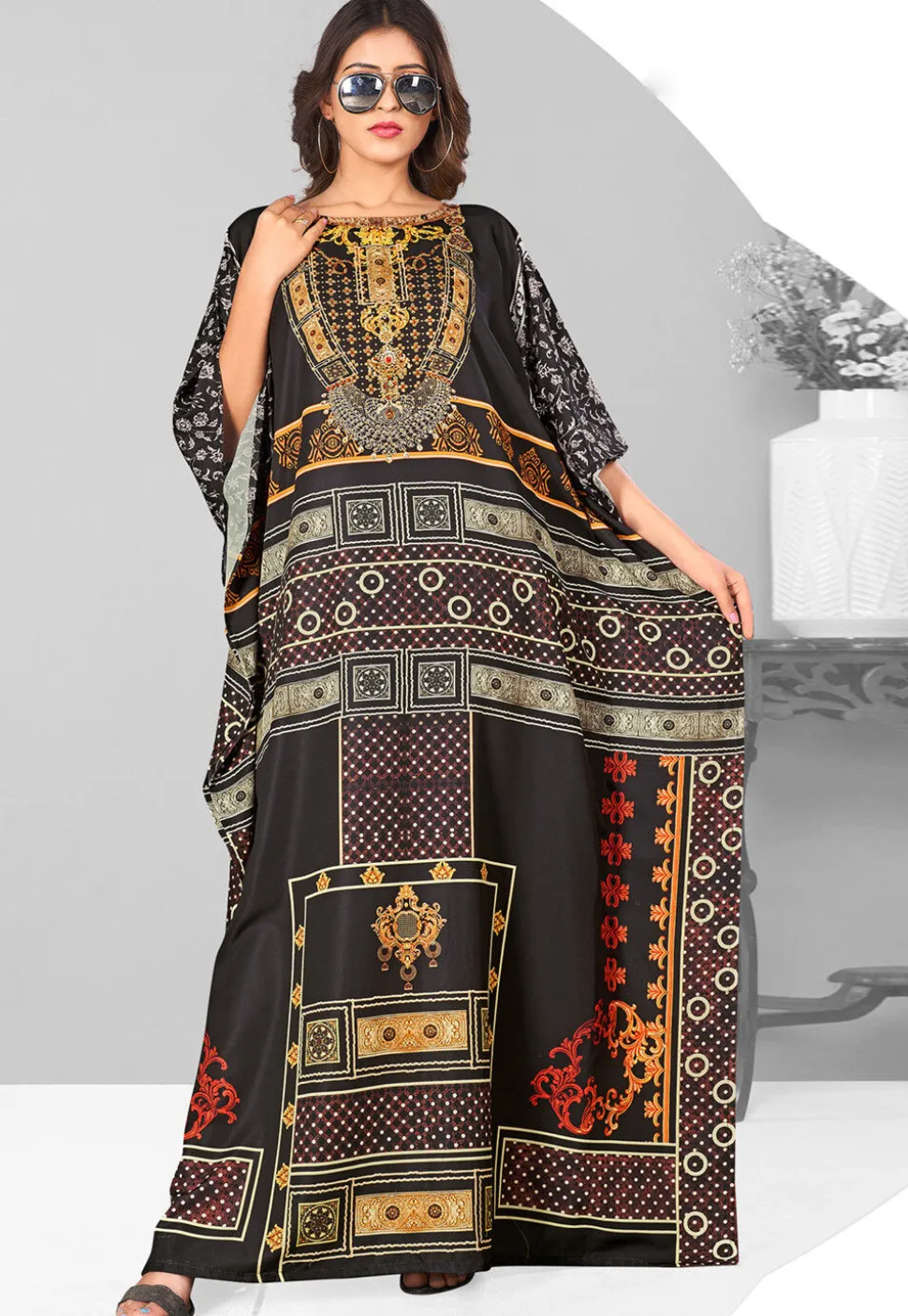 Digital Printed Polyester Kaftan in Black