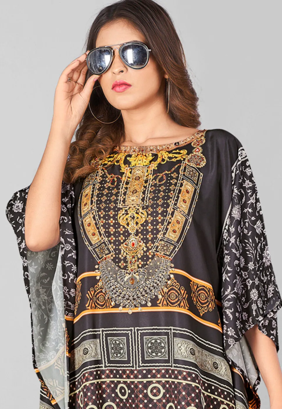 Digital Printed Polyester Kaftan in Black