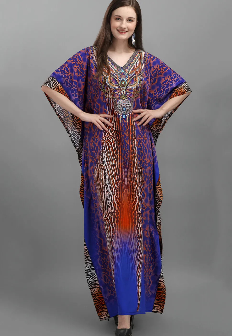 Digital Printed Polyester Kaftan in Blue