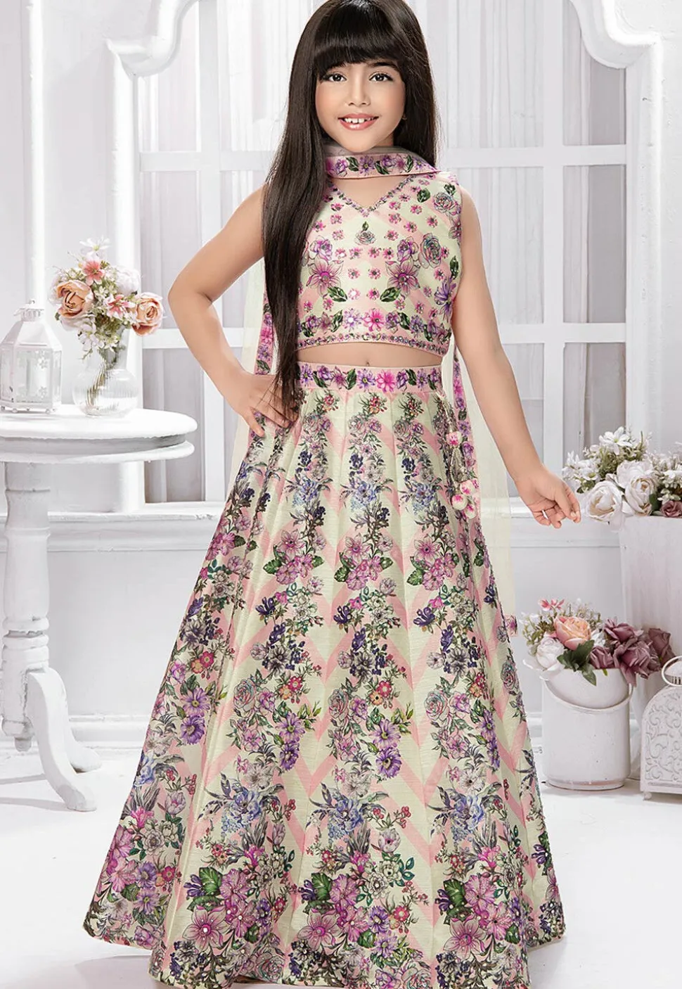 Digital Printed Polyester Lehenga in Cream