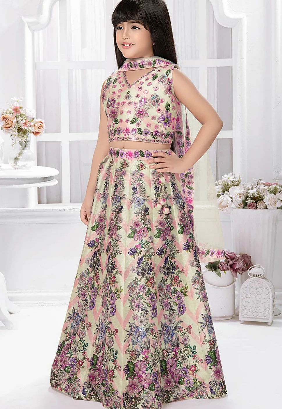 Digital Printed Polyester Lehenga in Cream