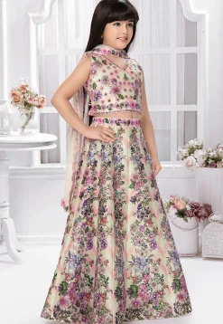 Digital Printed Polyester Lehenga in Cream
