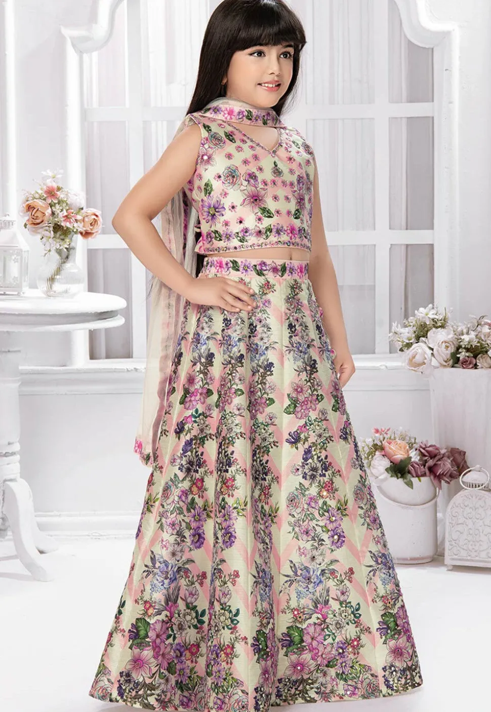 Digital Printed Polyester Lehenga in Cream