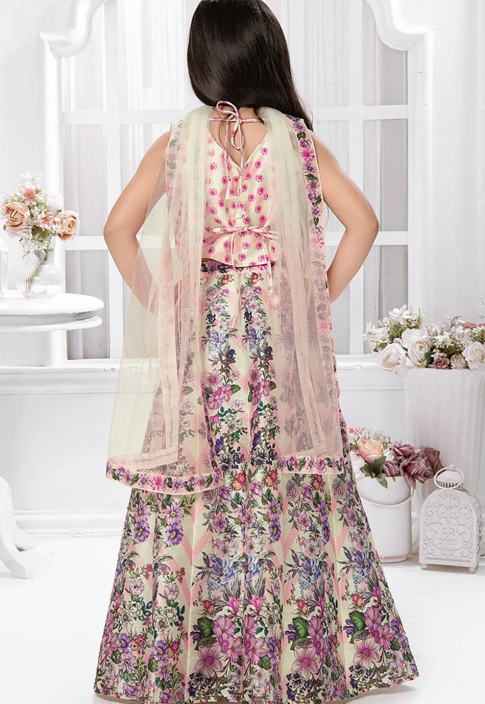 Digital Printed Polyester Lehenga in Cream
