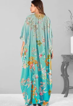 Digital Printed Polyester Kaftan in Light Blue