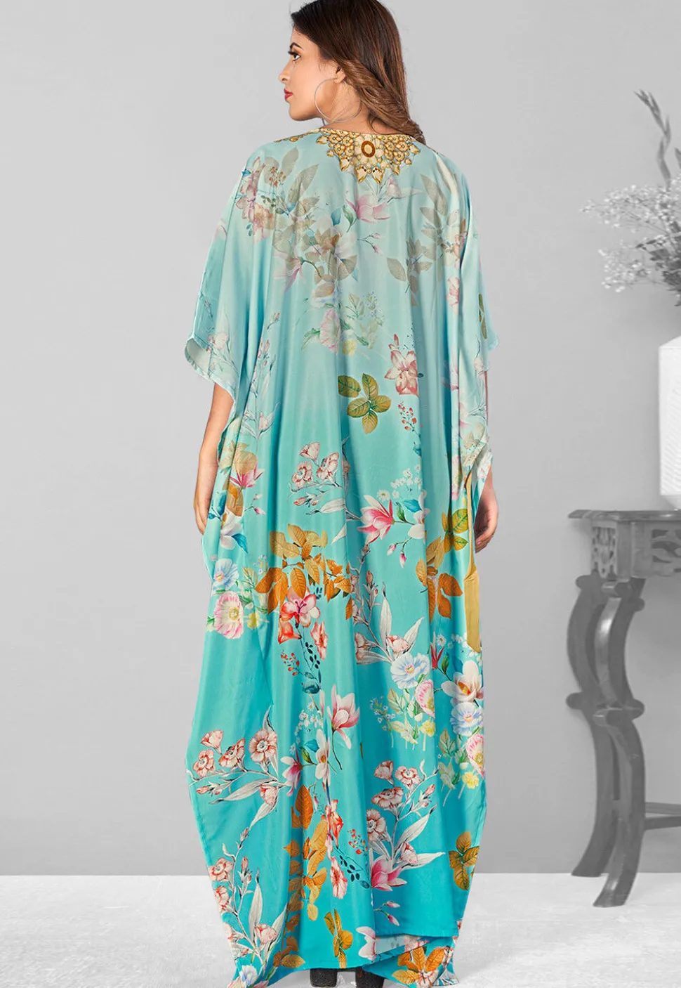 Digital Printed Polyester Kaftan in Light Blue