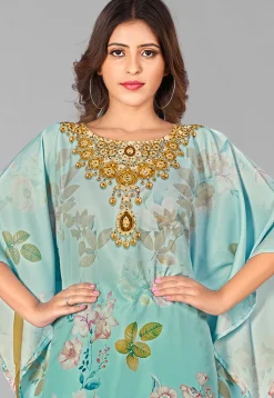Digital Printed Polyester Kaftan in Light Blue