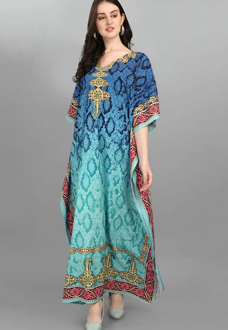 Digital Printed Polyester Kaftan in Blue
