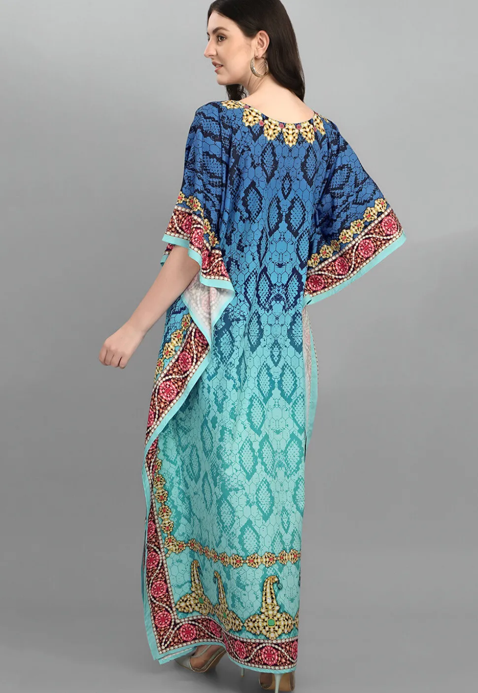 Digital Printed Polyester Kaftan in Blue