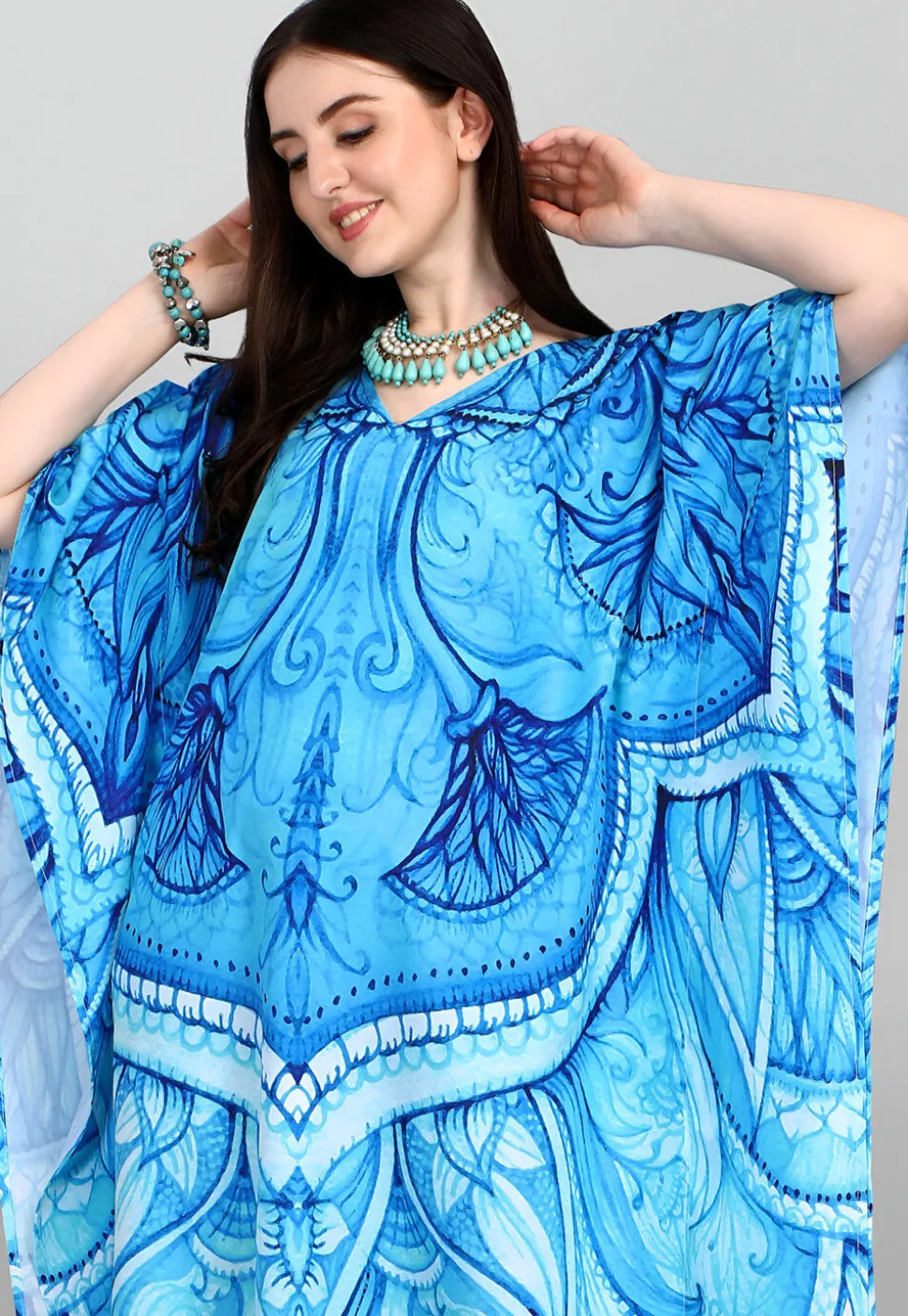 Digital Printed Polyester Kaftan in Blue