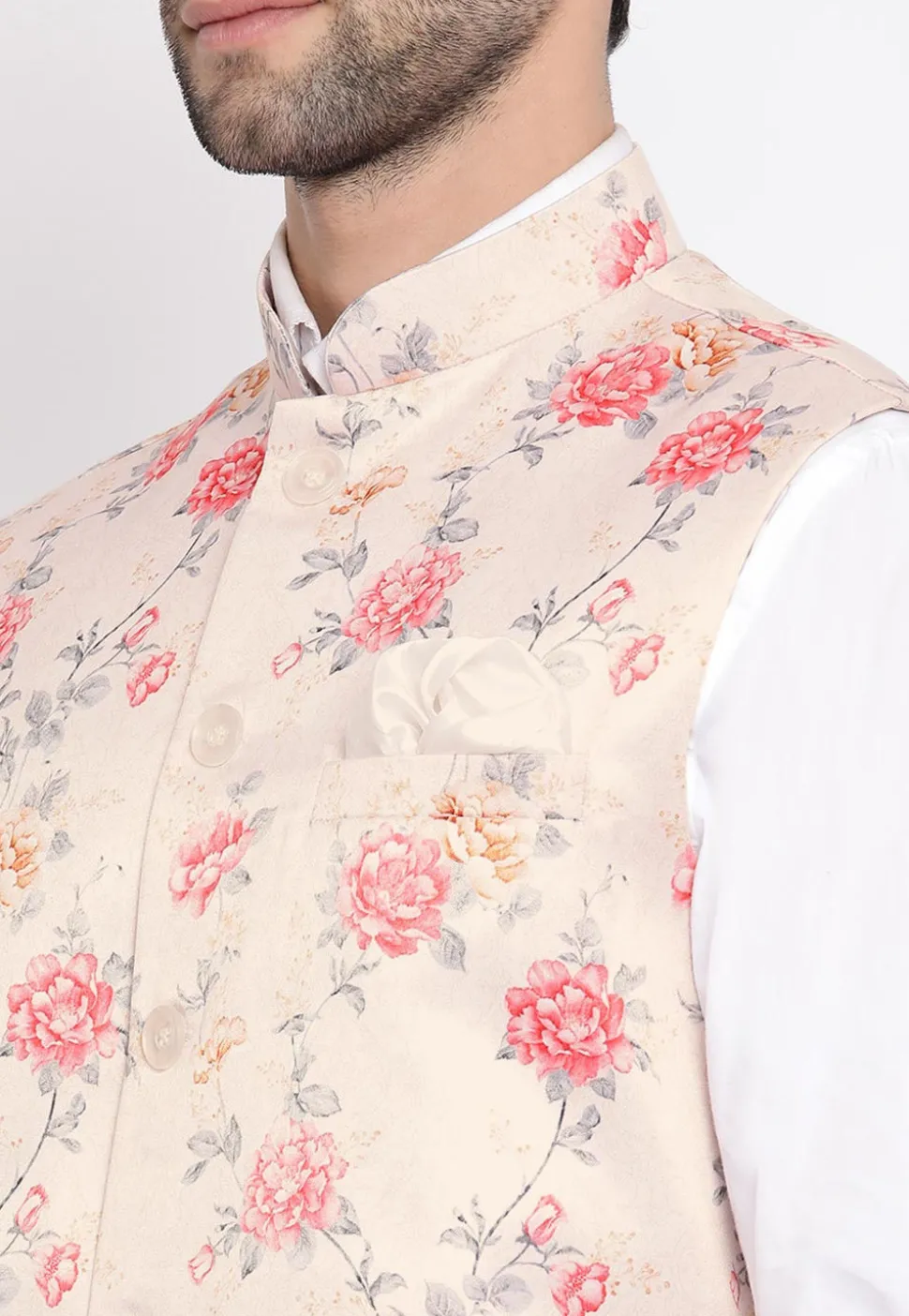 Digital Printed Polyester Nehru Jacket in Baby Pink