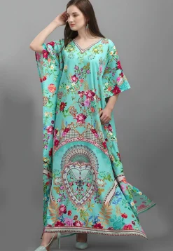 Digital Printed Polyester Kaftan in Sea Green