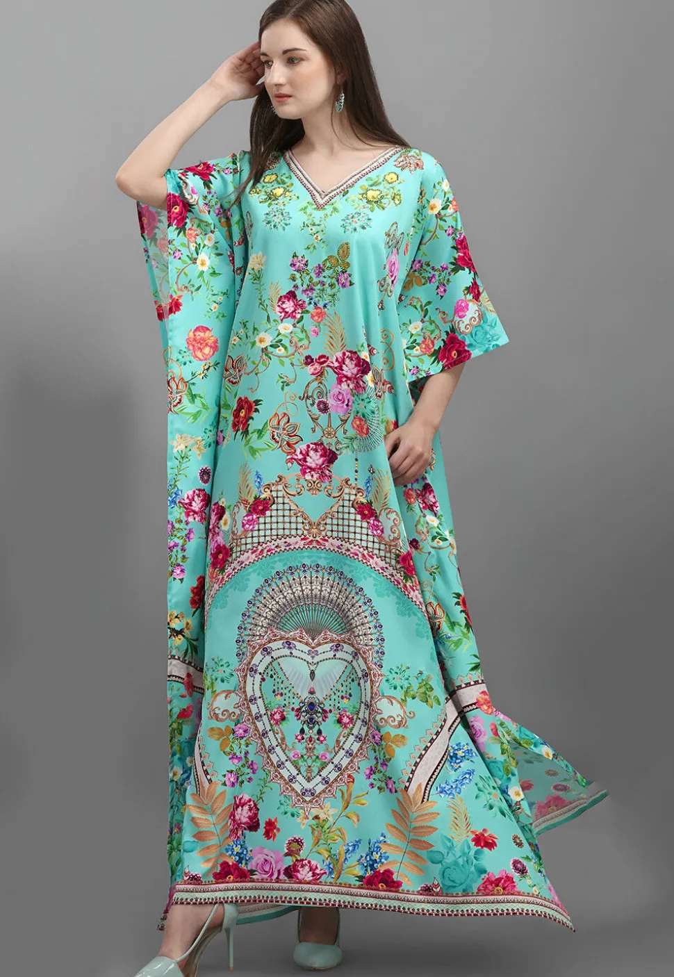 Digital Printed Polyester Kaftan in Sea Green