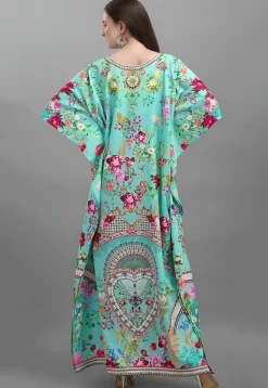 Digital Printed Polyester Kaftan in Sea Green