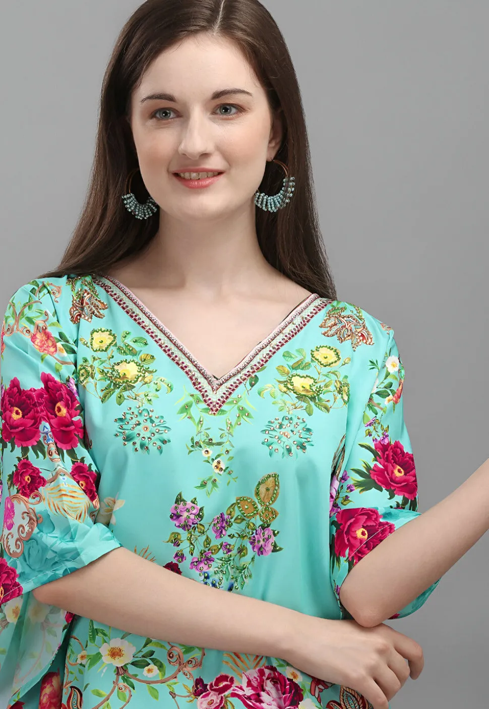 Digital Printed Polyester Kaftan in Sea Green