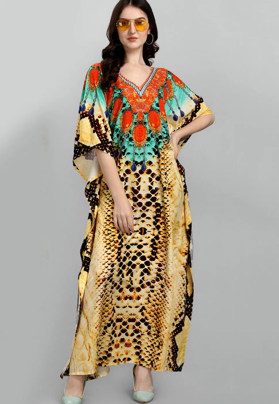 Digital Printed Polyester Kaftan in Yellow
