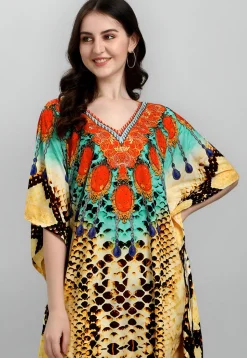 Digital Printed Polyester Kaftan in Yellow