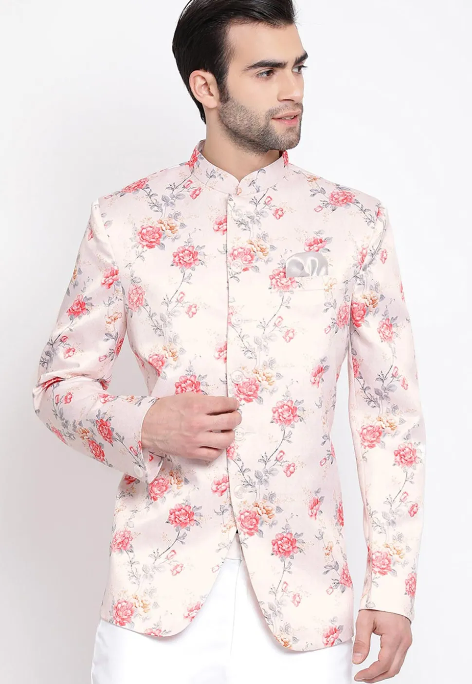Digital Printed Polyester Jodhpuri Jacket in Baby Pink