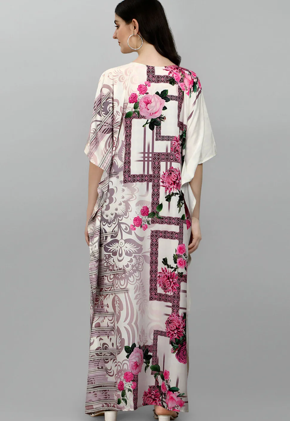 Digital Printed Polyester Kaftan in Off White