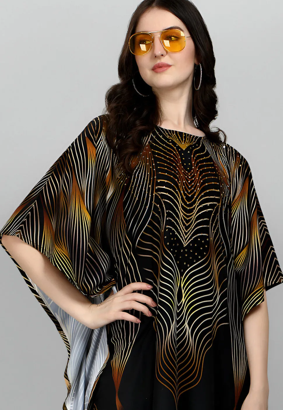 Digital Printed Polyester Kaftan in Black