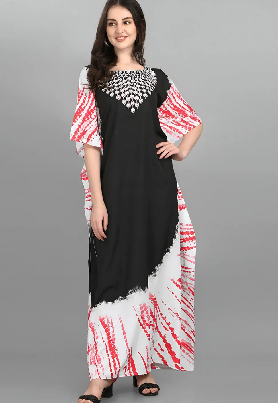 Digital Printed Polyester Kaftan in Black and Off White