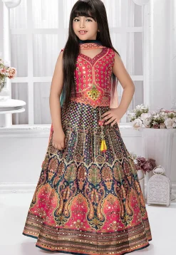 Digital Printed Polyester Lehenga in Navy Blue