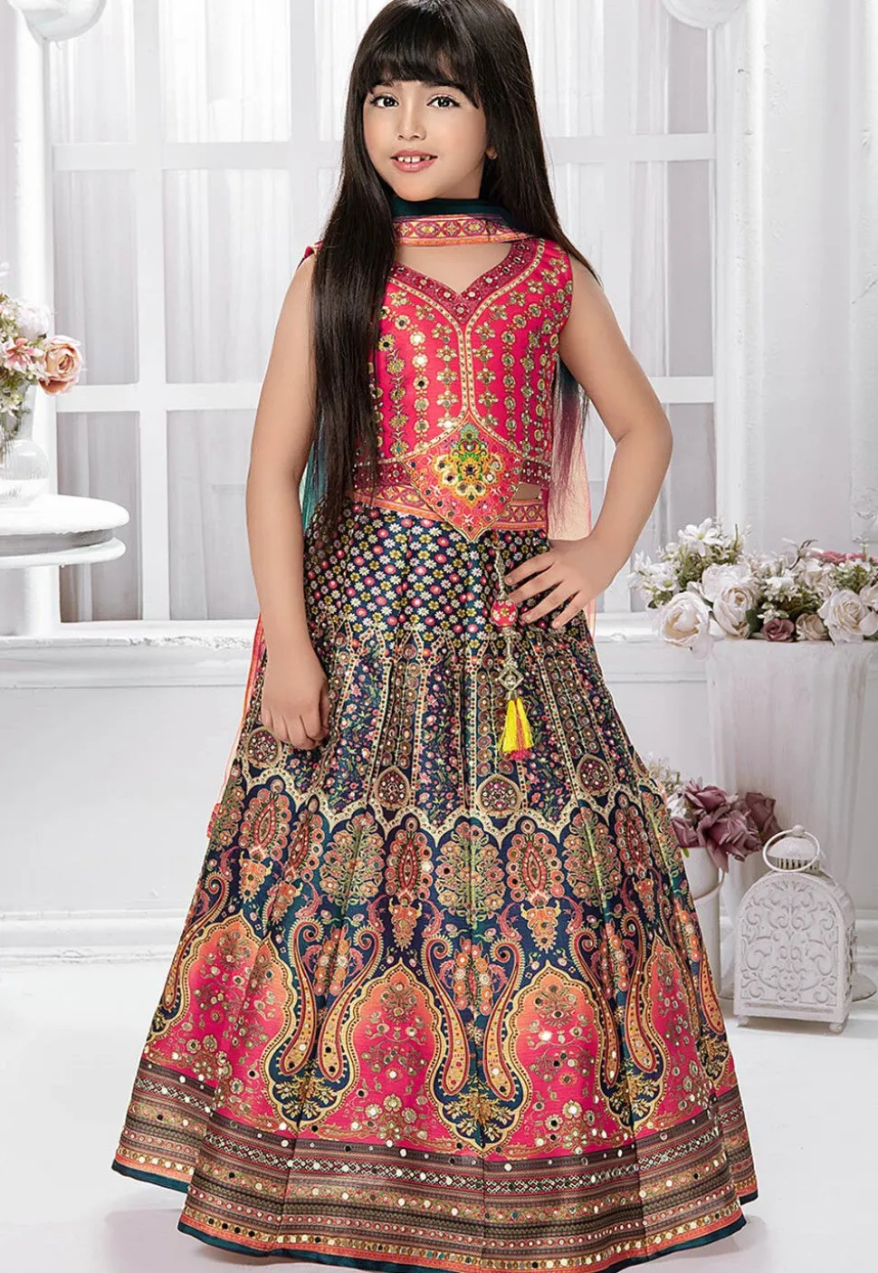 Digital Printed Polyester Lehenga in Navy Blue