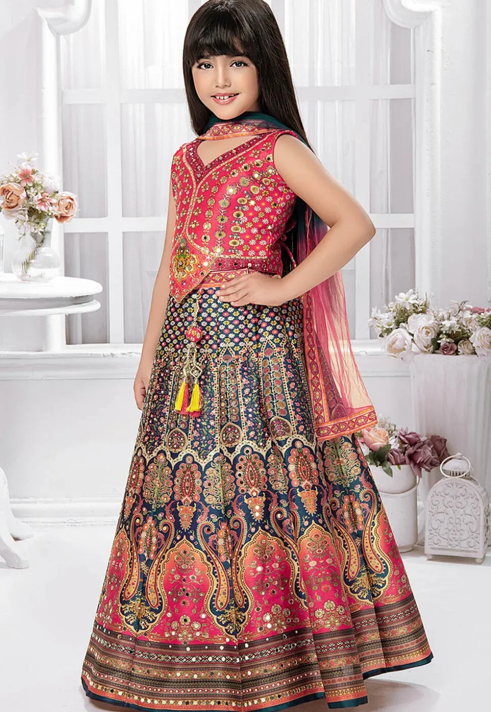 Digital Printed Polyester Lehenga in Navy Blue