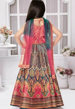 Digital Printed Polyester Lehenga in Navy Blue