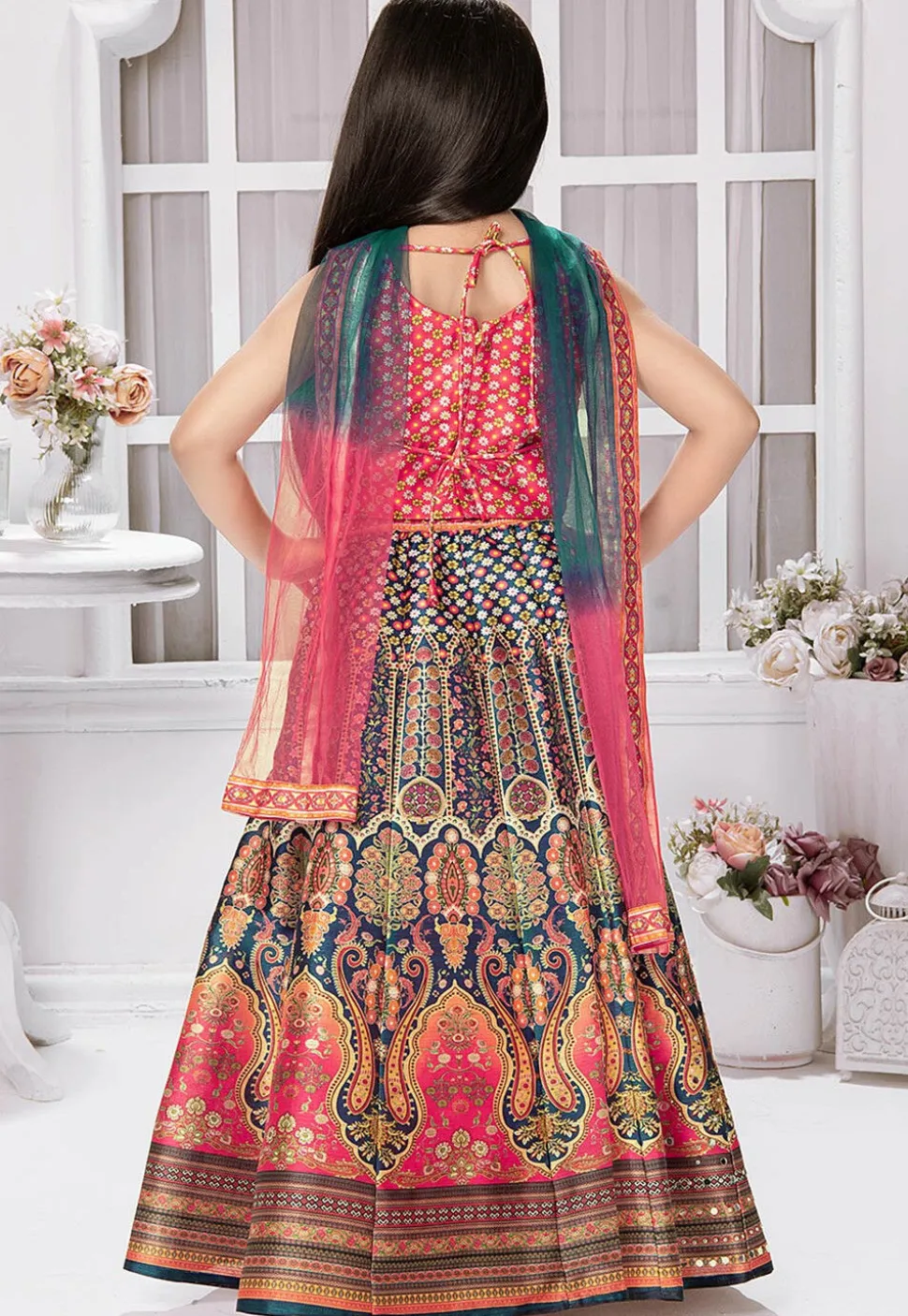 Digital Printed Polyester Lehenga in Navy Blue