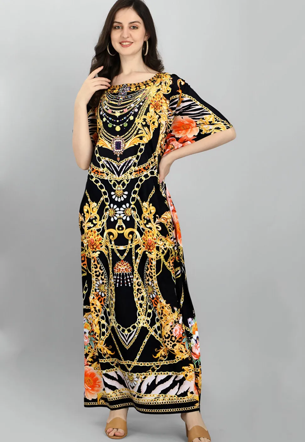 Digital Printed Polyester Kaftan in Black