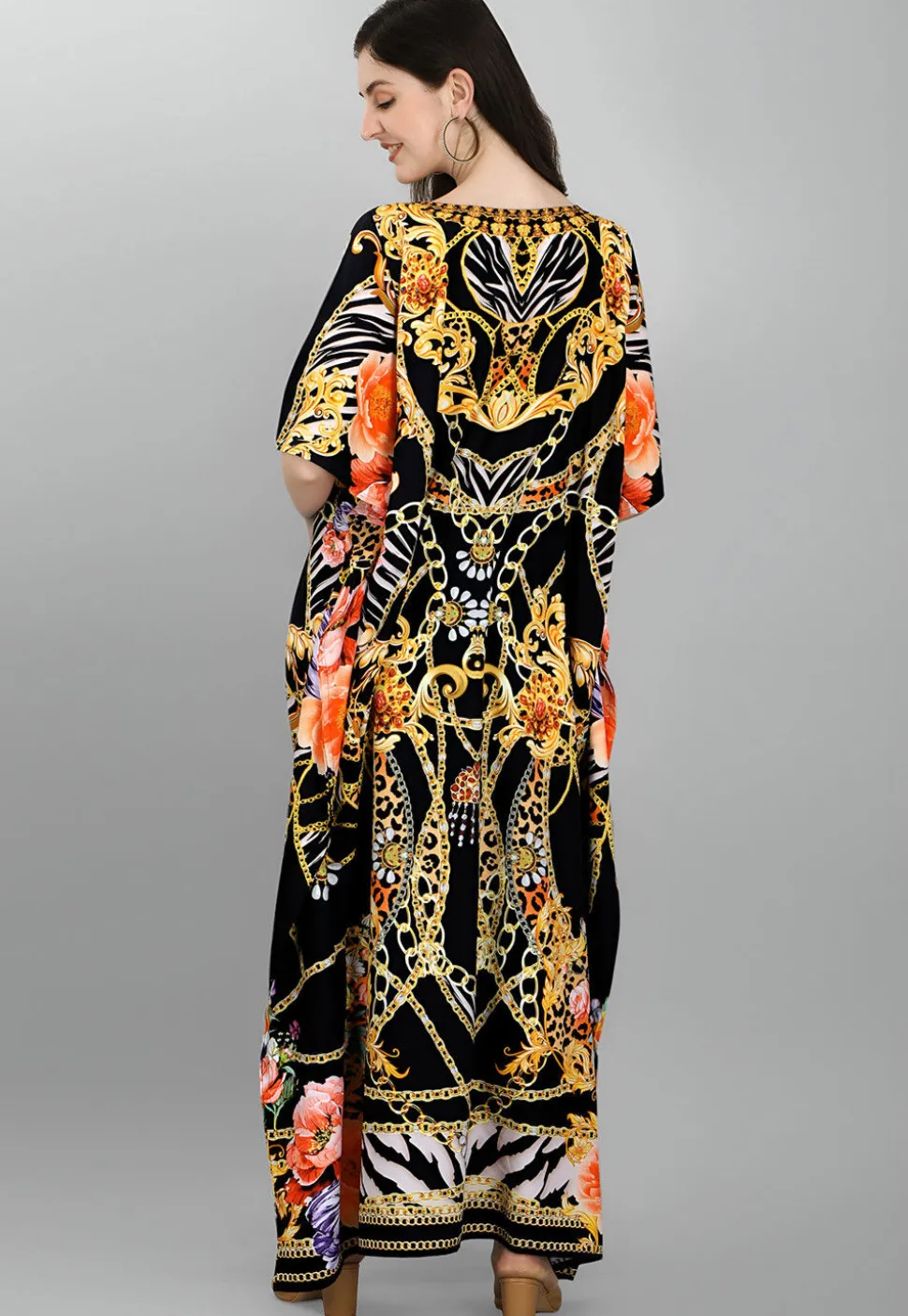 Digital Printed Polyester Kaftan in Black