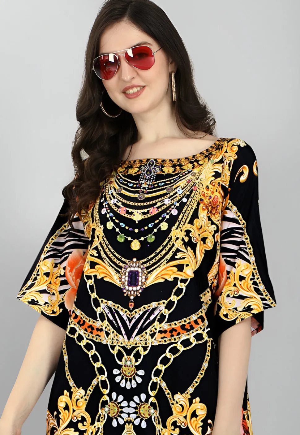 Digital Printed Polyester Kaftan in Black