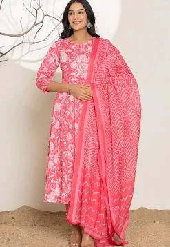 Digital Printed Pure Cotton A Line Suit in Coral Pink