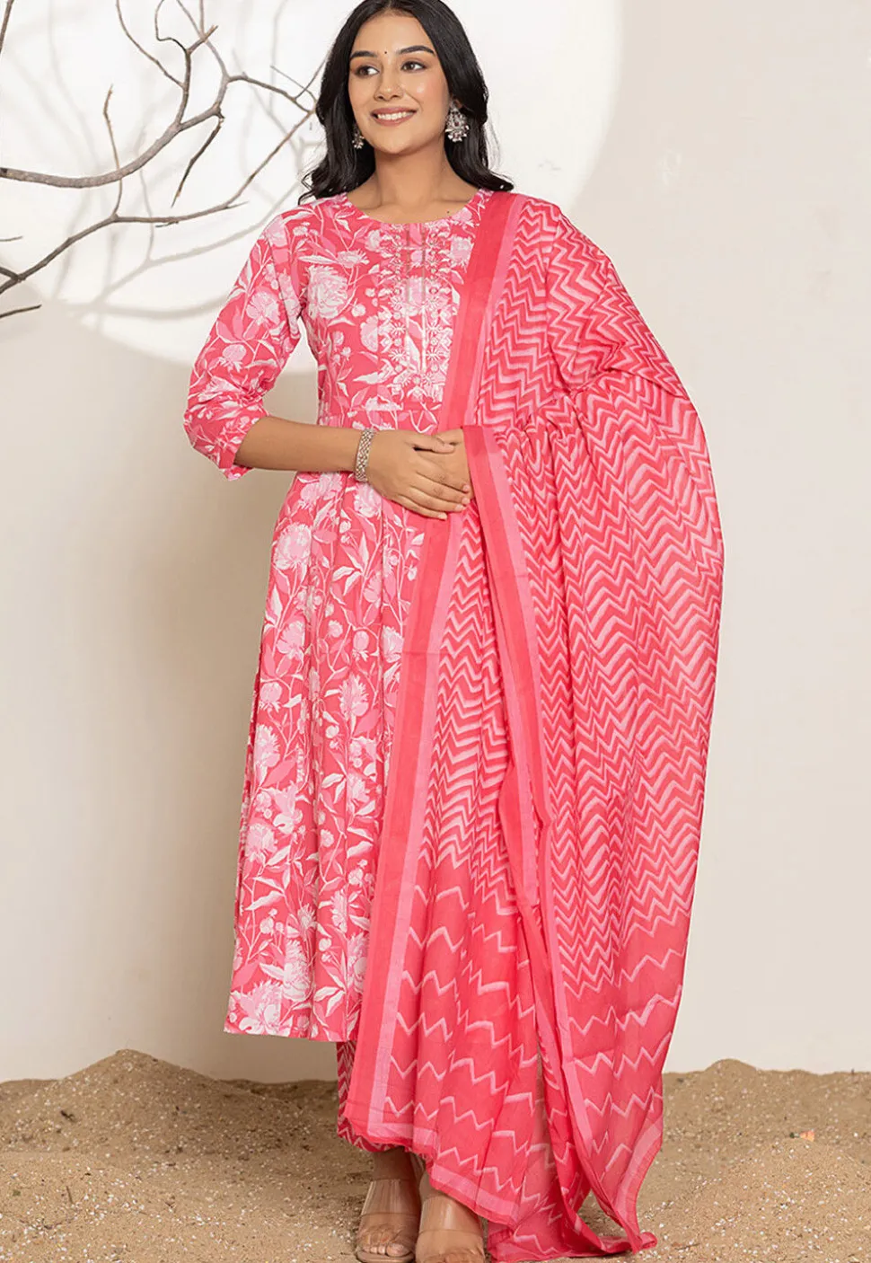 Digital Printed Pure Cotton A Line Suit in Coral Pink
