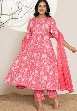 Digital Printed Pure Cotton A Line Suit in Coral Pink
