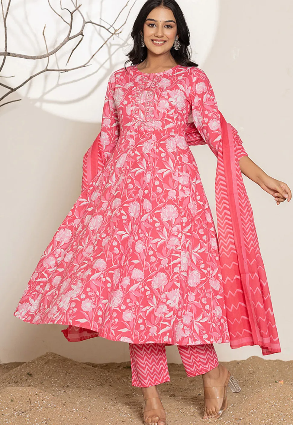 Digital Printed Pure Cotton A Line Suit in Coral Pink