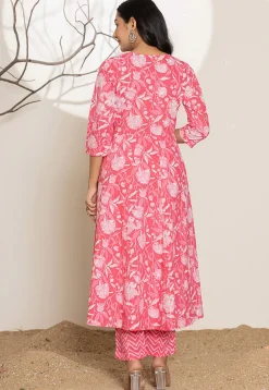 Digital Printed Pure Cotton A Line Suit in Coral Pink